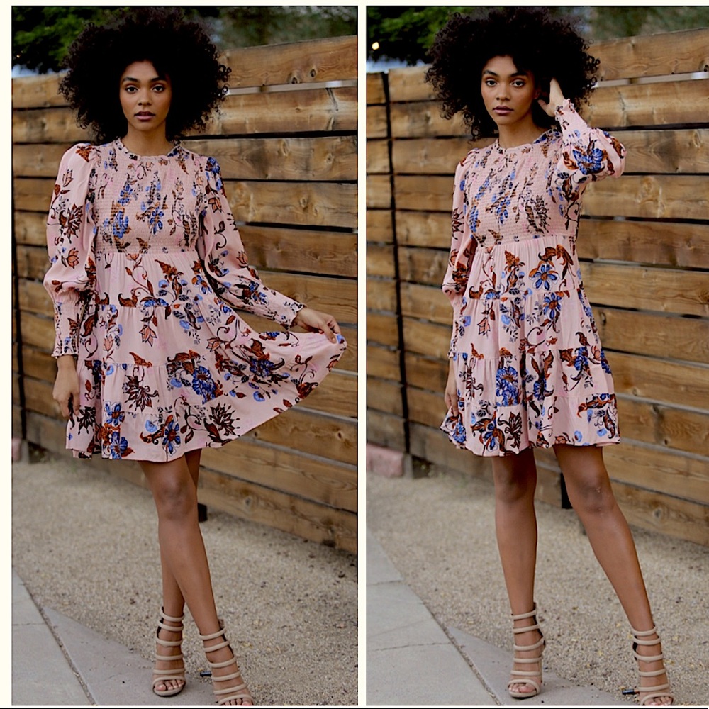 Pink Floral Dolman Sleeve Smocked Mini Dress
